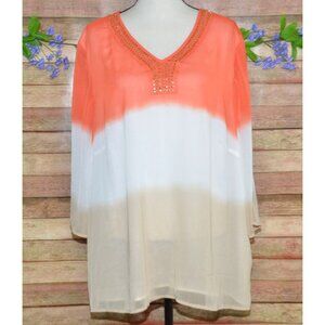 ALFRED DUNNER Peach & Tan Ombre Tunic Blouse Top Studded V-Neck Size 20W Office